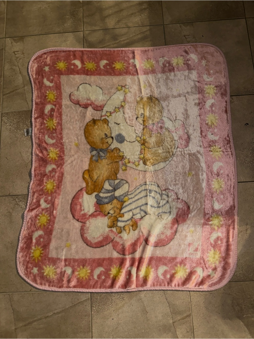 Vtg Novatex Baby Plush Blanket Pink Sun Moon Bear Rare HTF Sleeping Clouds